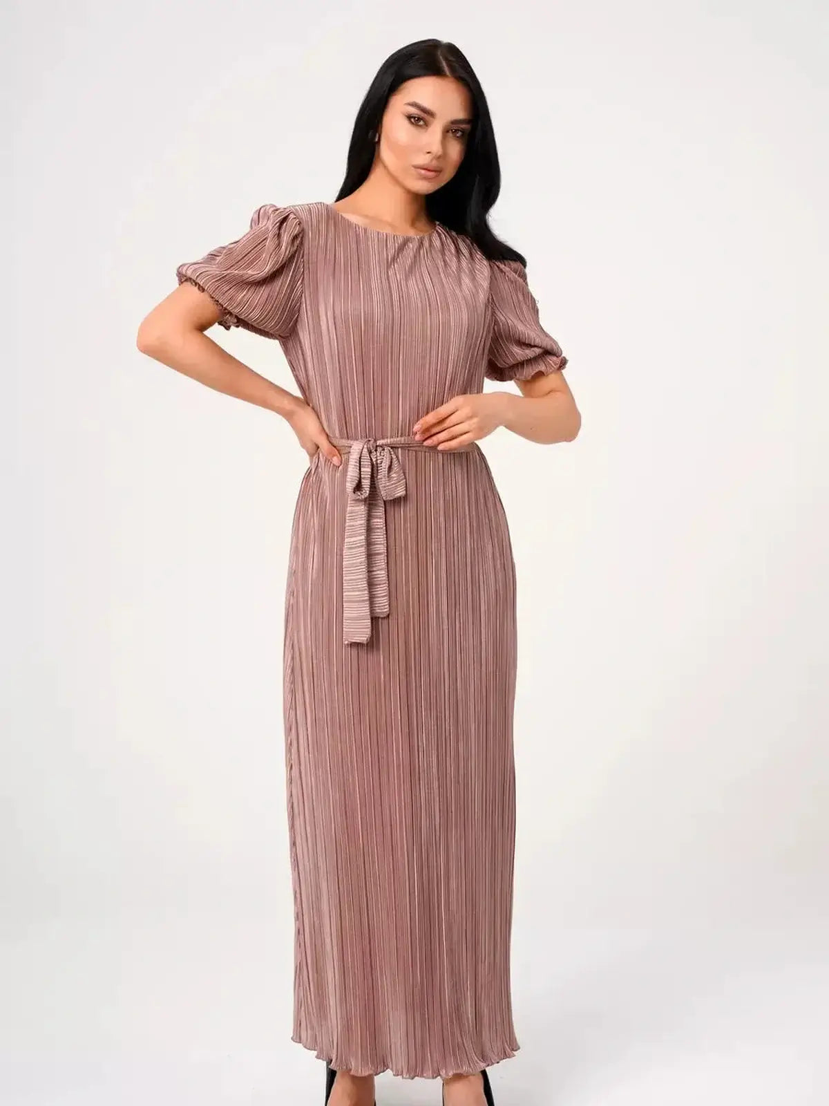 Celeste Maxi Dress in soft cappuccino with pleats and puff sleeves, perfect for weddings or formal events.