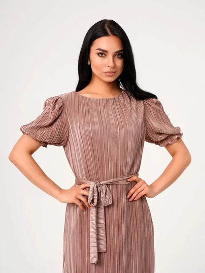 Celeste Maxi Dress with pleated texture and puff sleeves in light cappuccino color, perfect for elegant occasions.