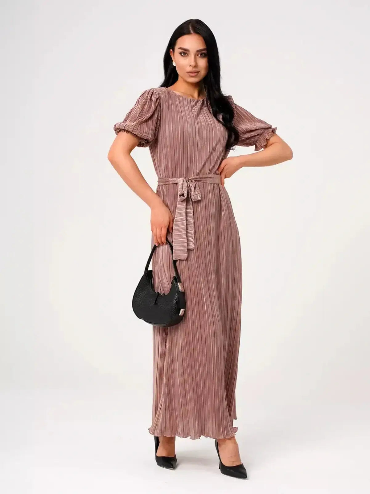 Celeste Maxi Dress in light cappuccino with pleats, puff sleeves, and a flattering silhouette, perfect for weddings or formal events.