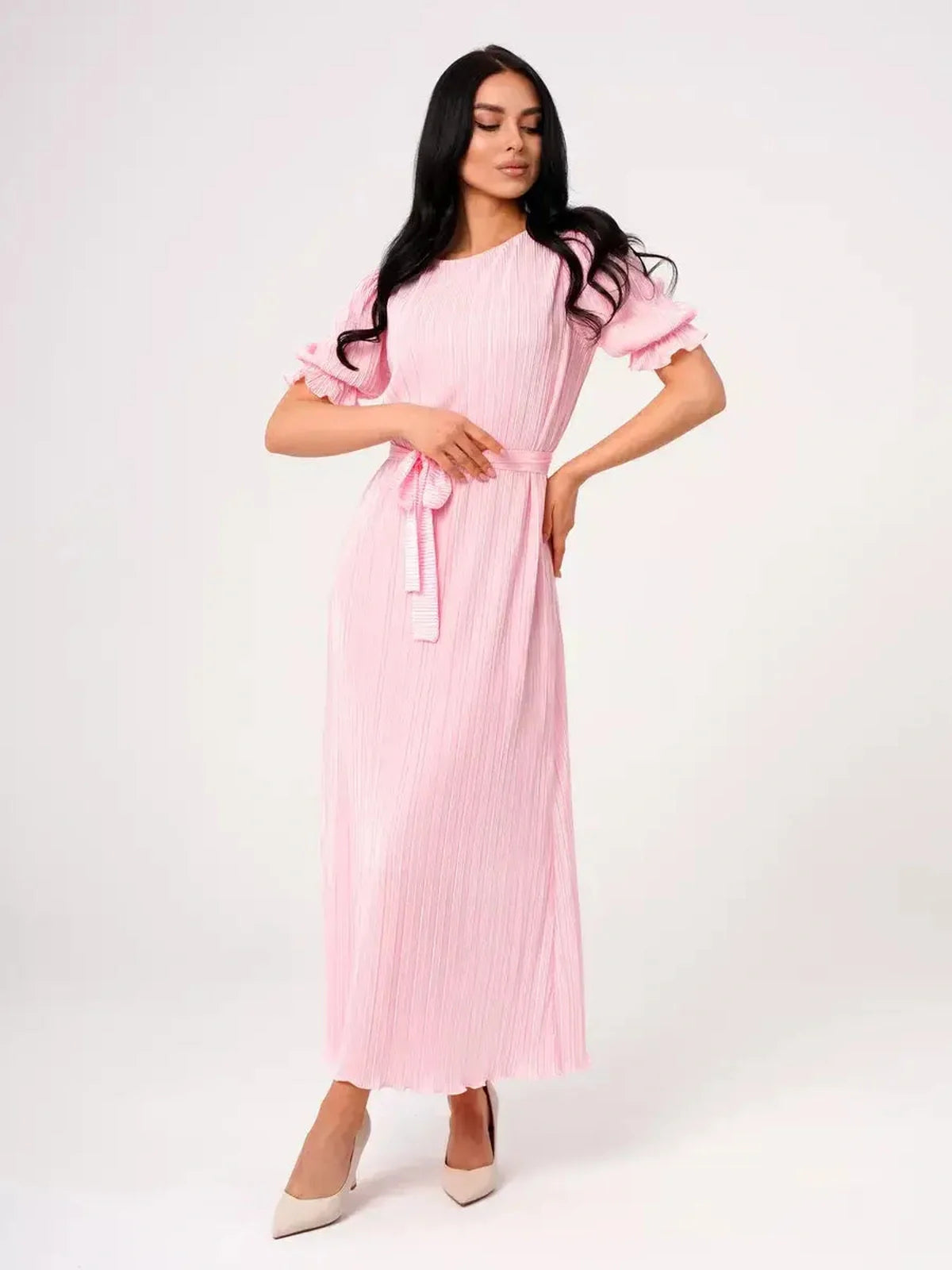 Celeste Maxi Dress in pink with pleated detail, puff sleeves, and tie waist, perfect for weddings and summer events.