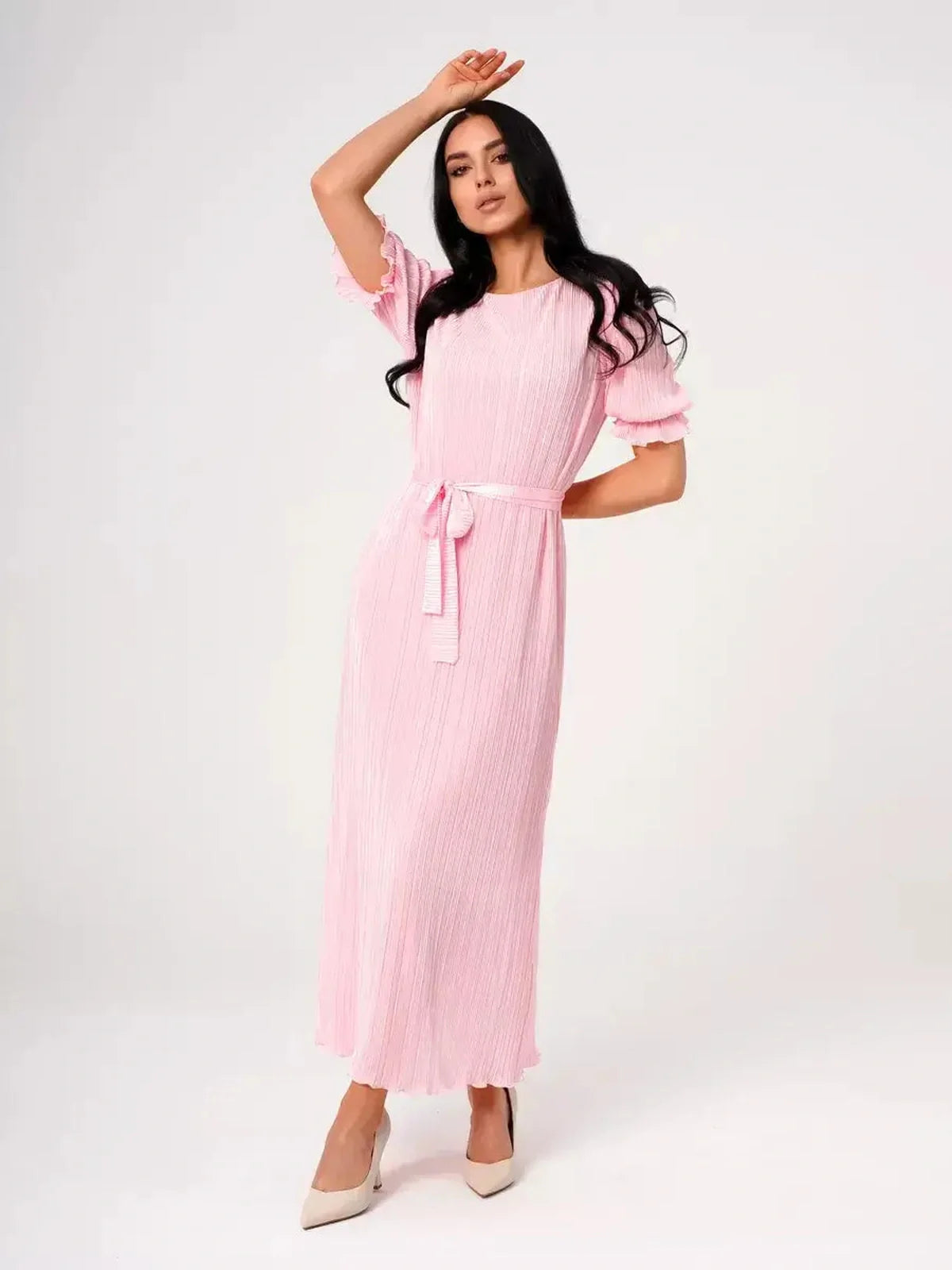 Celeste Maxi Dress in pink with pleated fabric, puff sleeves, and a tie waist, perfect for summer, wedding guests, or special occasions.