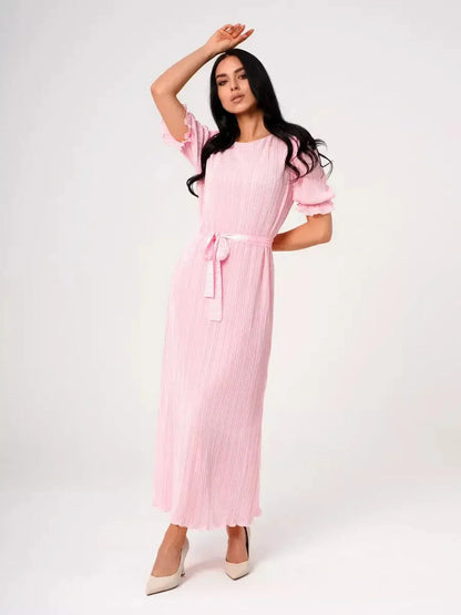 Celeste Maxi Dress in pink with pleated fabric, puff sleeves, and a tie waist, perfect for summer, wedding guests, or special occasions.