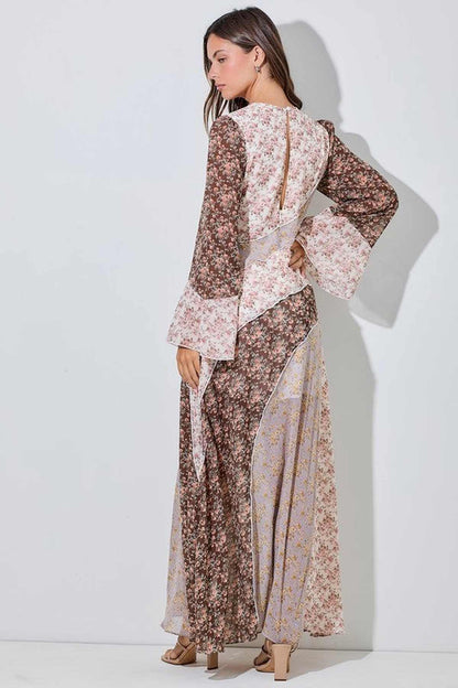 Back view of Celeste Maxi Dress with floral patchwork design and flared sleeves, ideal for summer and formal occasions.