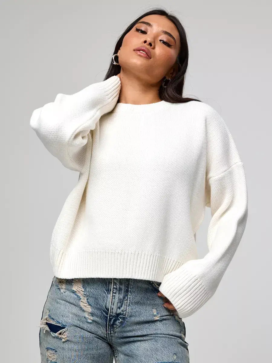 Celeste Pullover by Lauven - Oversized cropped women's sweater in soft ivory, perfect for casual outfits.