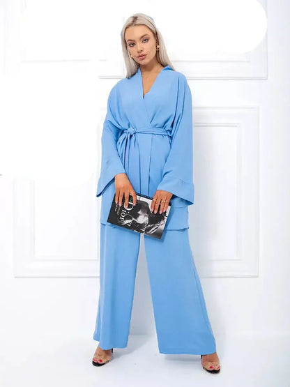 Celeste Suit Set by Lauven, elegant oversized two-piece set in soft blue with kimono-style robe and wide-leg pants.