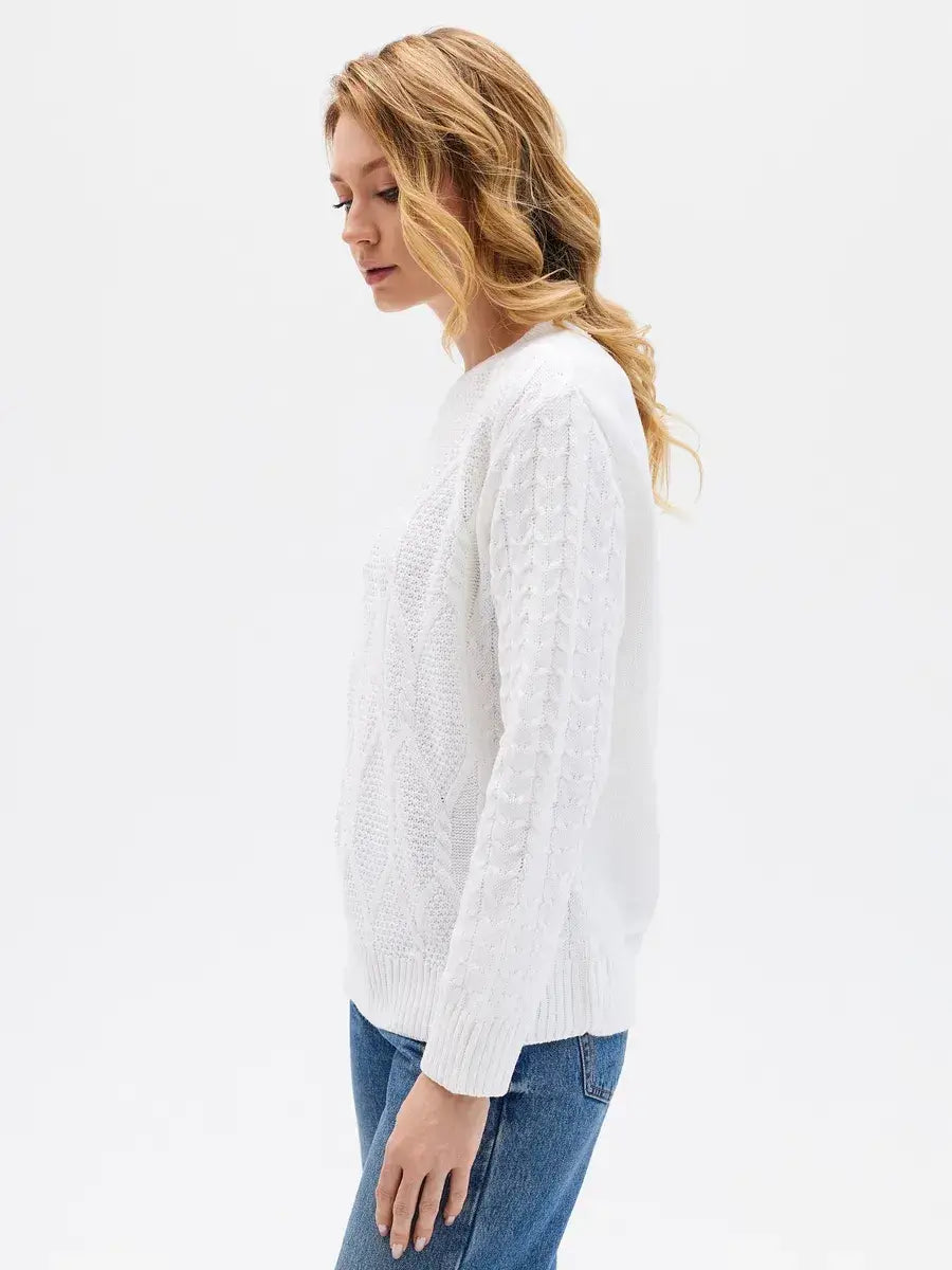 Celeste Sweater by Lauven, elegant white knitwear with patterned sleeves, perfect for cooler seasons.