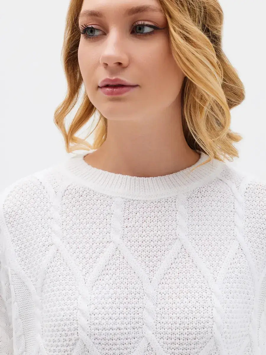 Celeste Sweater by Lauven - Elegant white knitwear highlighting patterned sleeves and luxurious cable knit design.