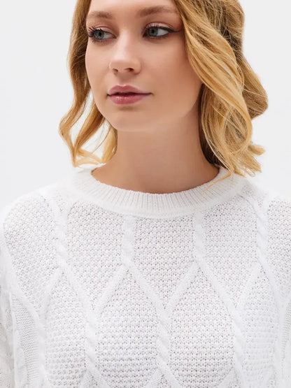 Celeste Sweater by Lauven - Elegant white knitwear highlighting patterned sleeves and luxurious cable knit design.