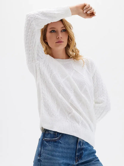 Celeste Sweater by Lauven, elegant white knitwear with patterned sleeves, perfect for stylish comfort in cooler seasons.
