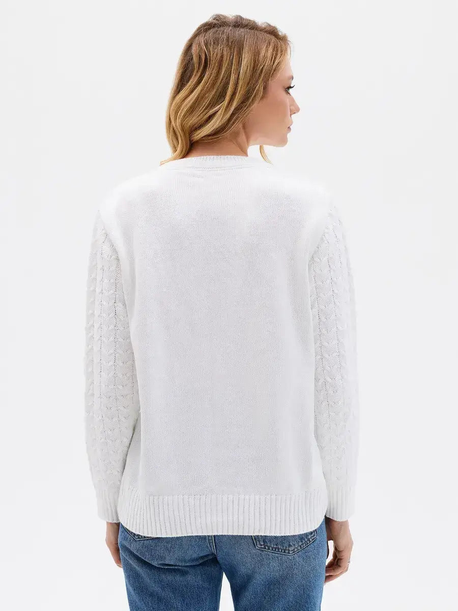 Back view of the elegant Celeste Sweater by Lauven, featuring cable knit sleeves and a soft white hue.