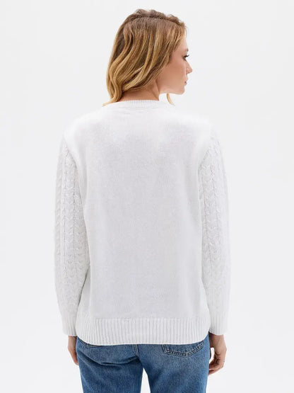 Back view of the elegant Celeste Sweater by Lauven, featuring cable knit sleeves and a soft white hue.