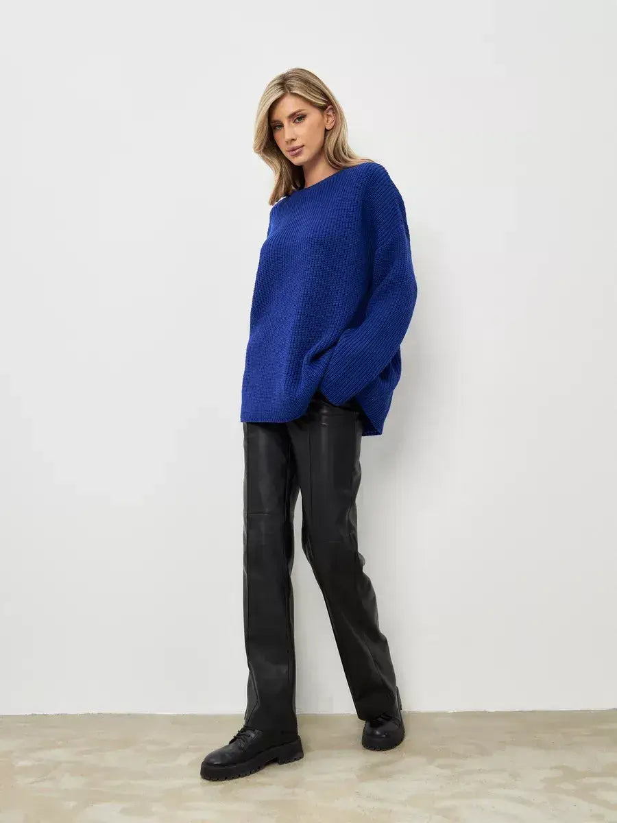 Celeste Sweater by Lauven, oversized electric blue knit pullover with relaxed fit and crew neck.