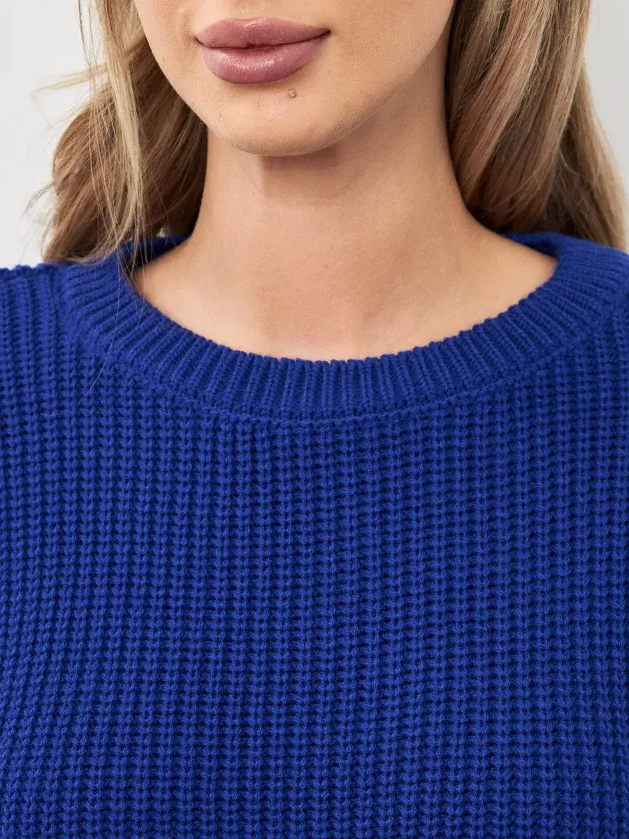 Close-up of the crew neck and texture of the Celeste Sweater by Lauven in vibrant electric blue.
