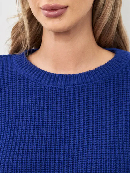 Close-up of the crew neck and texture of the Celeste Sweater by Lauven in vibrant electric blue.
