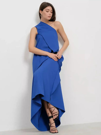 Cerulean Drape Maxi Dress showcasing a one-shoulder design and flowing silhouette, perfect for formal occasions.