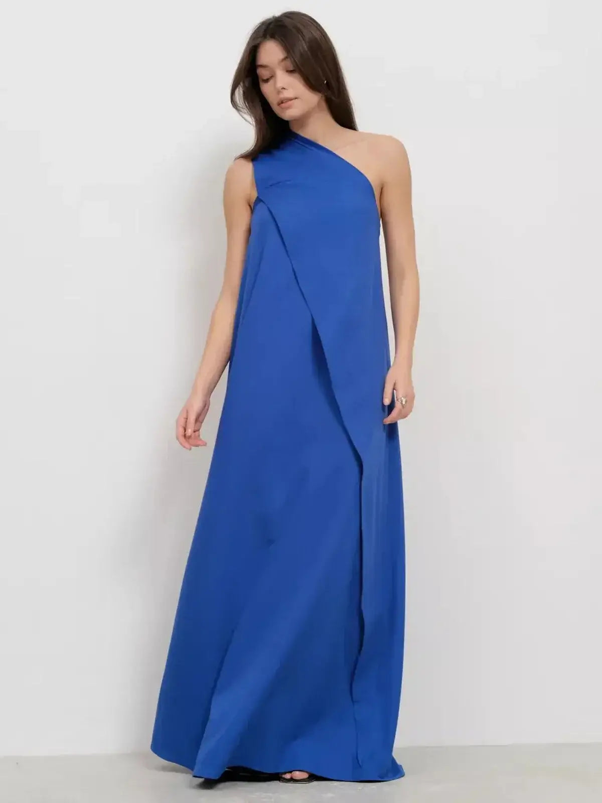 Cerulean Drape Maxi Dress showcasing one-shoulder design in rich blue, perfect for elegant formal occasions.
