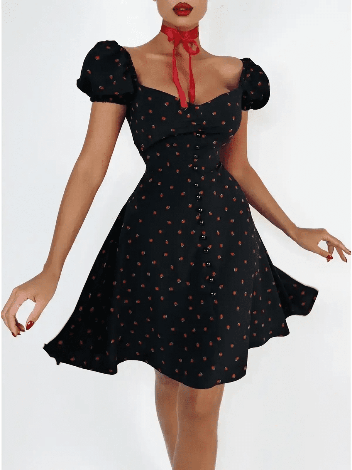 Cherry Kiss Mini Dress featuring cherry print, sweetheart neckline, and puff sleeves, perfect for summer occasions.