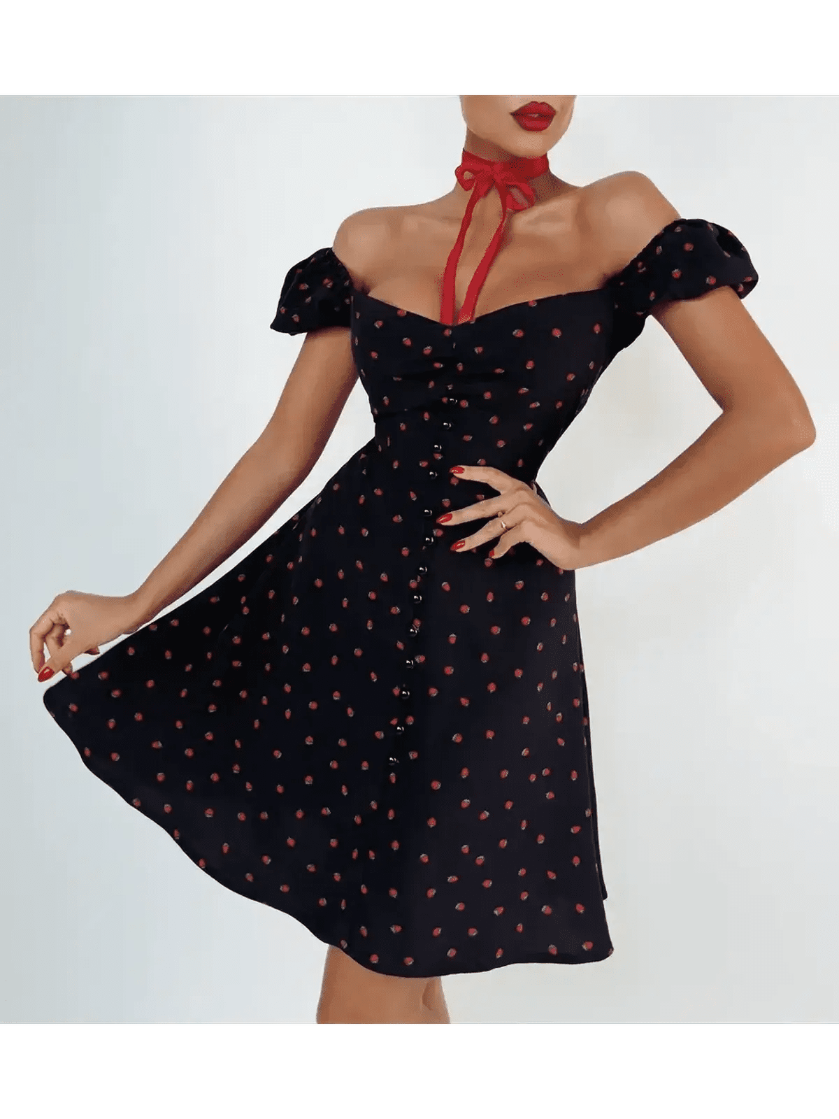 Cherry Kiss Mini Dress featuring a flirty cherry print, sweetheart neckline, and puff sleeves for summer occasions.