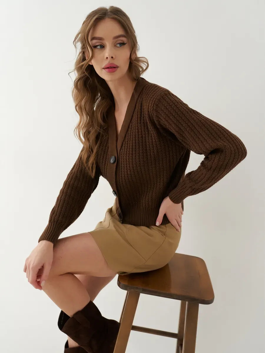 Chestnut Cardigan by Lauven, oversized cropped knitwear in warm brown, showcasing its stylish and elegant design.