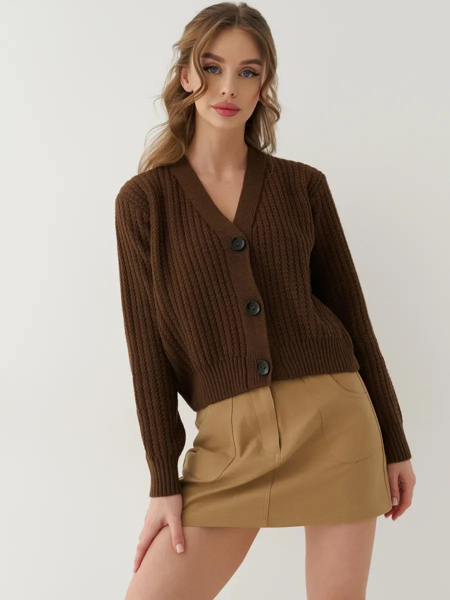 Chestnut Cardigan by Lauven - Stylish oversized cropped knitwear in warm brown, perfect for layering.