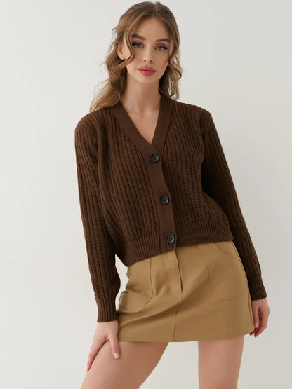 Chestnut Cardigan by Lauven - Stylish oversized cropped knitwear in warm brown, perfect for layering.