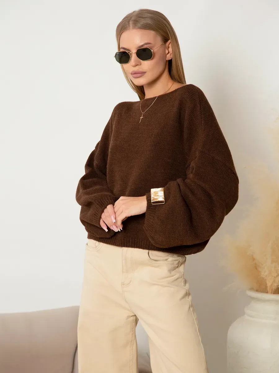 Chestnut Sweater by Lauven — Oversized knit sweater with boat neck in rich chestnut brown, perfect for fall and winter.