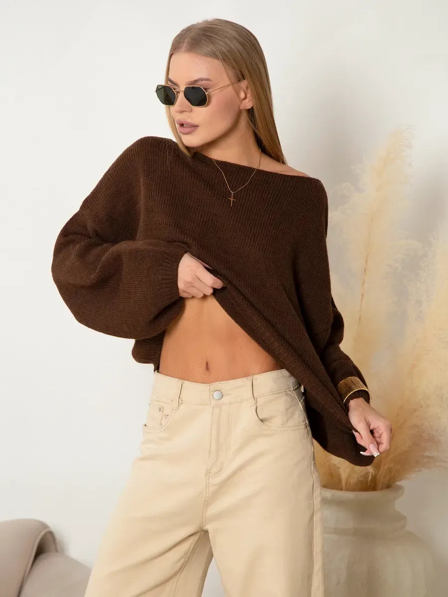 Chestnut Sweater by Lauven, oversized women’s knit sweater with boat neck in rich chestnut brown.