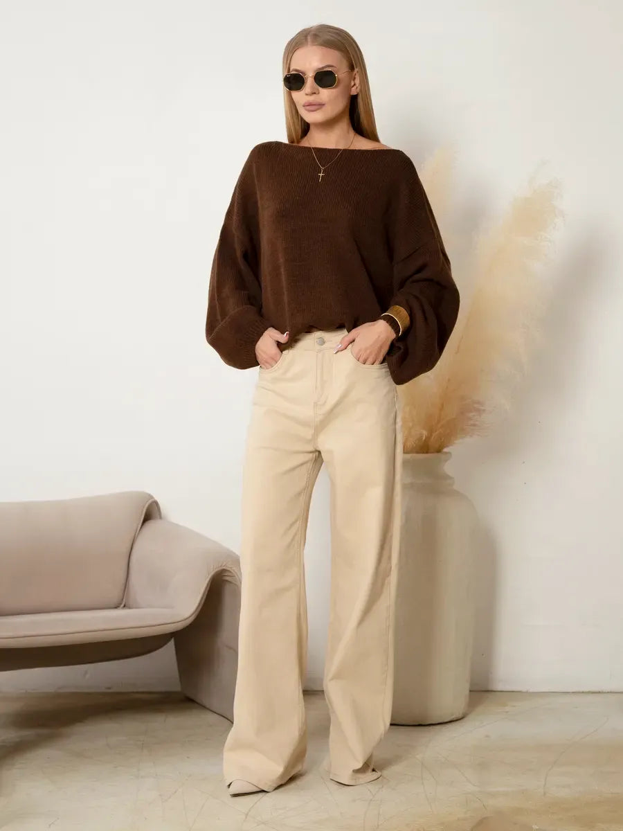 Chestnut Sweater by Lauven, oversized women's knit sweater in rich brown with boat neck, styled with light trousers.
