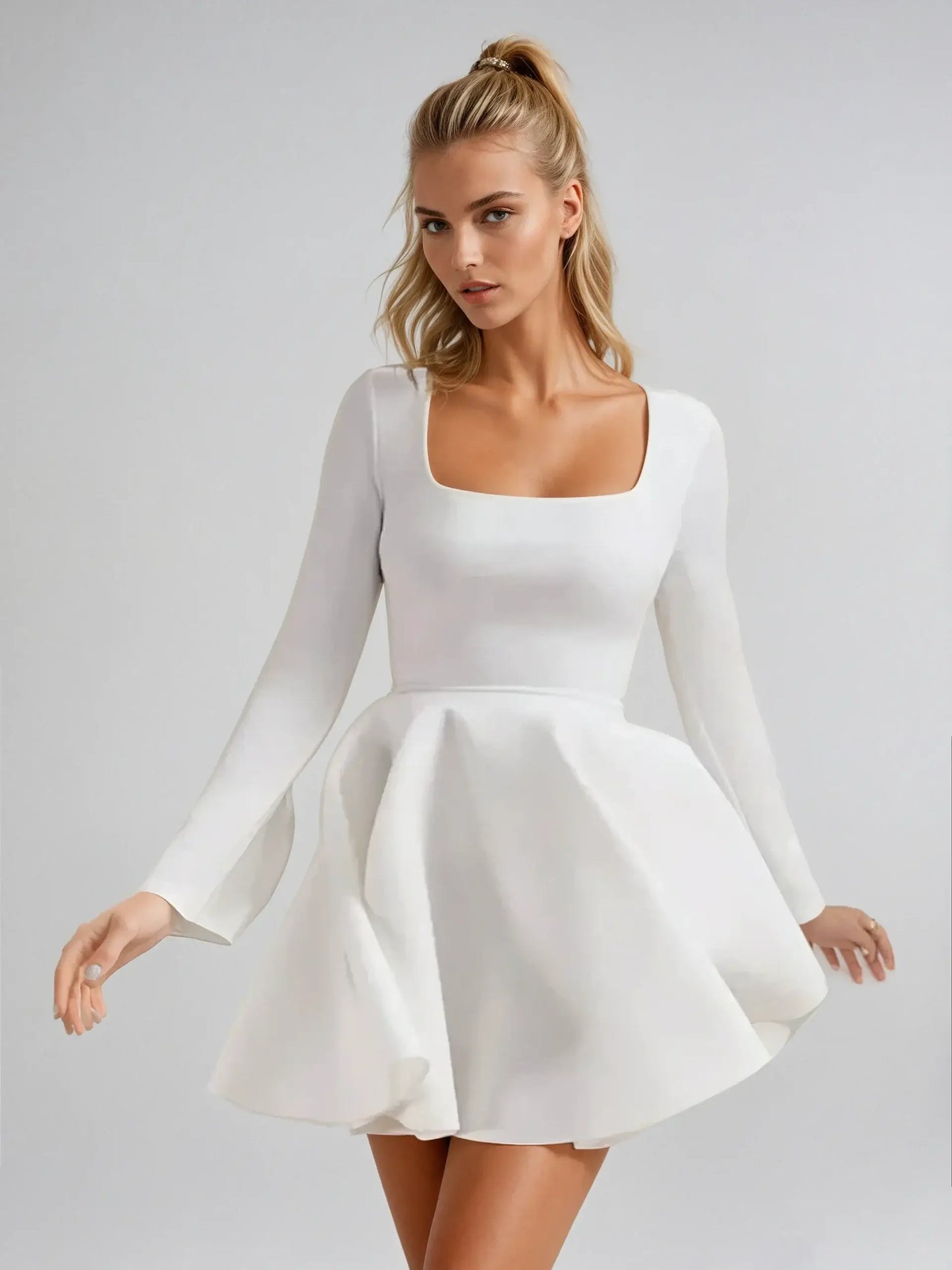 White fit-and-flare tennis mini dress for women featuring a square neckline and long sleeves, perfect for summer occasions.