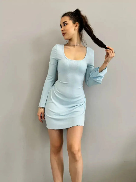 Light blue mini dress with long bell sleeves, perfect for summer events, weddings, or casual outings.