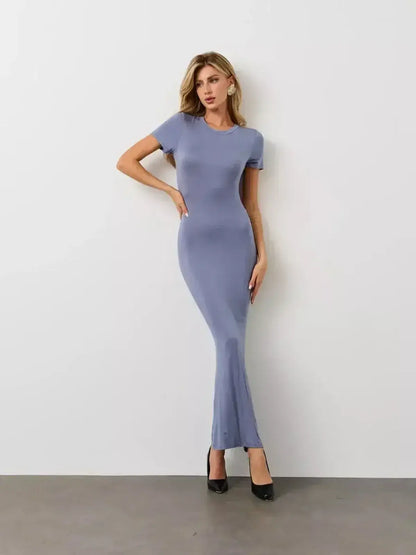 Lauven Cloudline Maxi Dress in soft stretch jersey with U-neckline and flared hem, perfect for casual elegance.