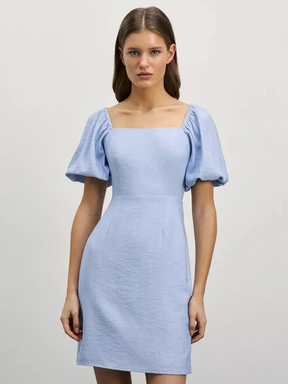 Elegant blue Cloudline Mini dress with square neckline and puff sleeves, perfect for summer outings.