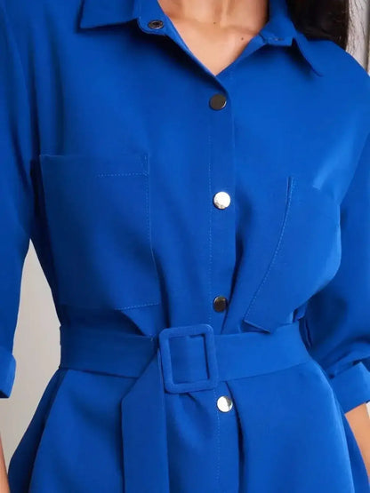 Cobalt Charm Mini Dress by Lauven, featuring a structured silhouette, adjustable waist belt, and polished snap-button front.