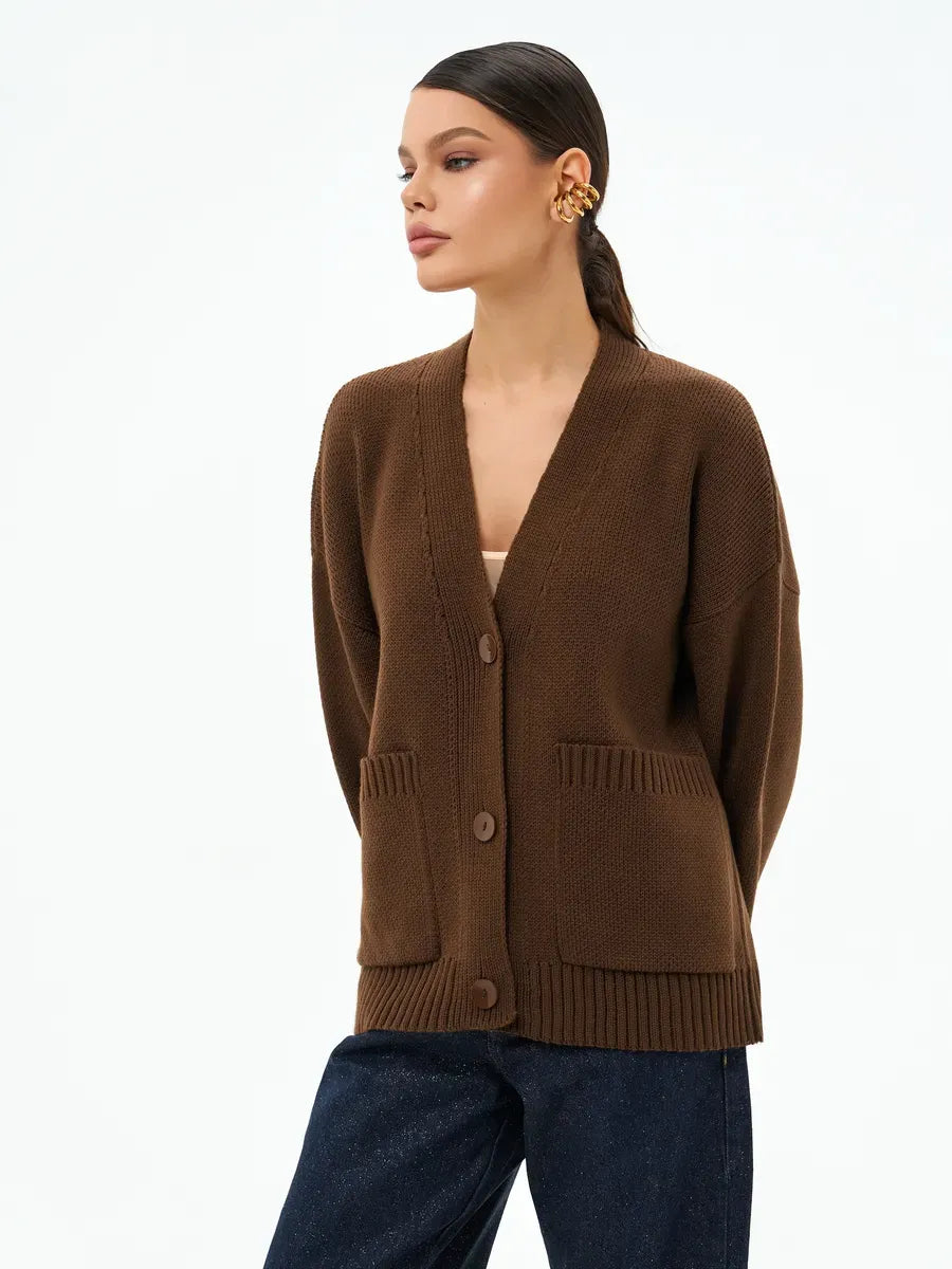 Cocoa Cardigan by Lauven, warm oversized knitwear in chocolate brown with button closure, perfect for layering.