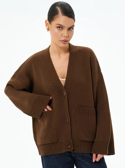 Cocoa Cardigan by Lauven - Warm oversized knitwear in chocolate brown with button closure, perfect for layering.