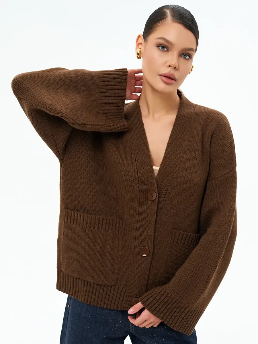 Cocoa Cardigan by Lauven – Warm oversized knitwear featuring button closure and pockets in chocolate brown.