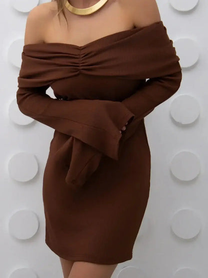 Cocoa Charm mini dress with off-shoulder neckline and flared sleeves in chocolate color, perfect for formal events.