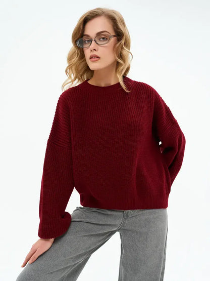 Crimson Charm Sweater by Lauven, oversized knit in deep burgundy, perfect for cozy everyday wear.