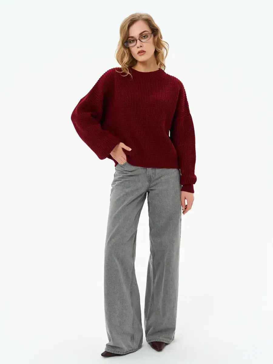 Crimson Charm Sweater by Lauven in deep burgundy, showcasing a relaxed fit and comfortable knit design.