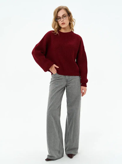 Crimson Charm Sweater by Lauven in deep burgundy, showcasing a relaxed fit and comfortable knit design.