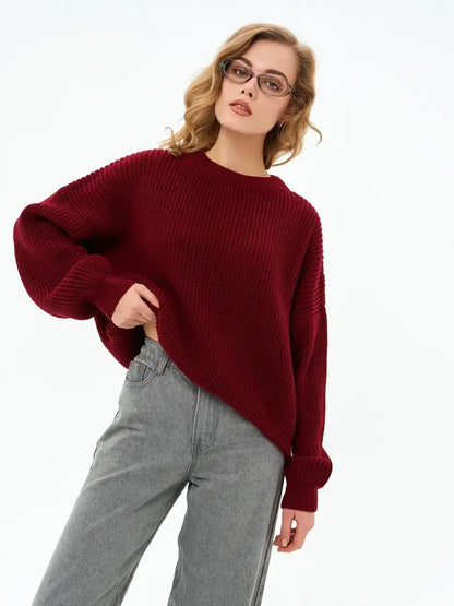 Crimson Charm Sweater by Lauven — Oversized deep burgundy knit with relaxed fit and round neckline.