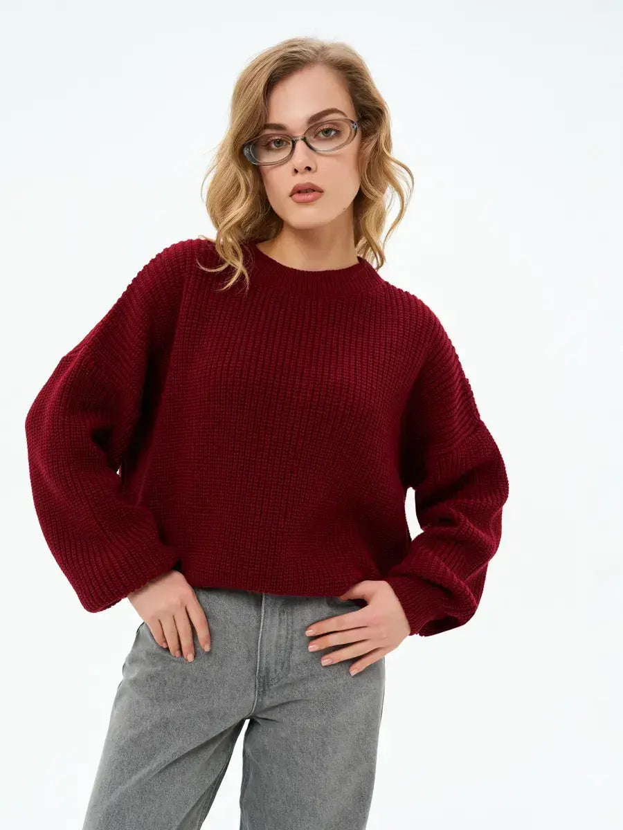 Crimson Charm Sweater by Lauven in deep burgundy, featuring oversized knit and relaxed silhouette.