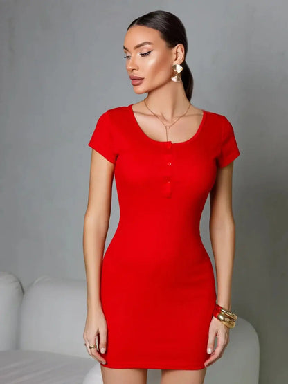 Red body-hugging mini dress with short sleeves and button accents, ideal for summer parties or cocktail events.