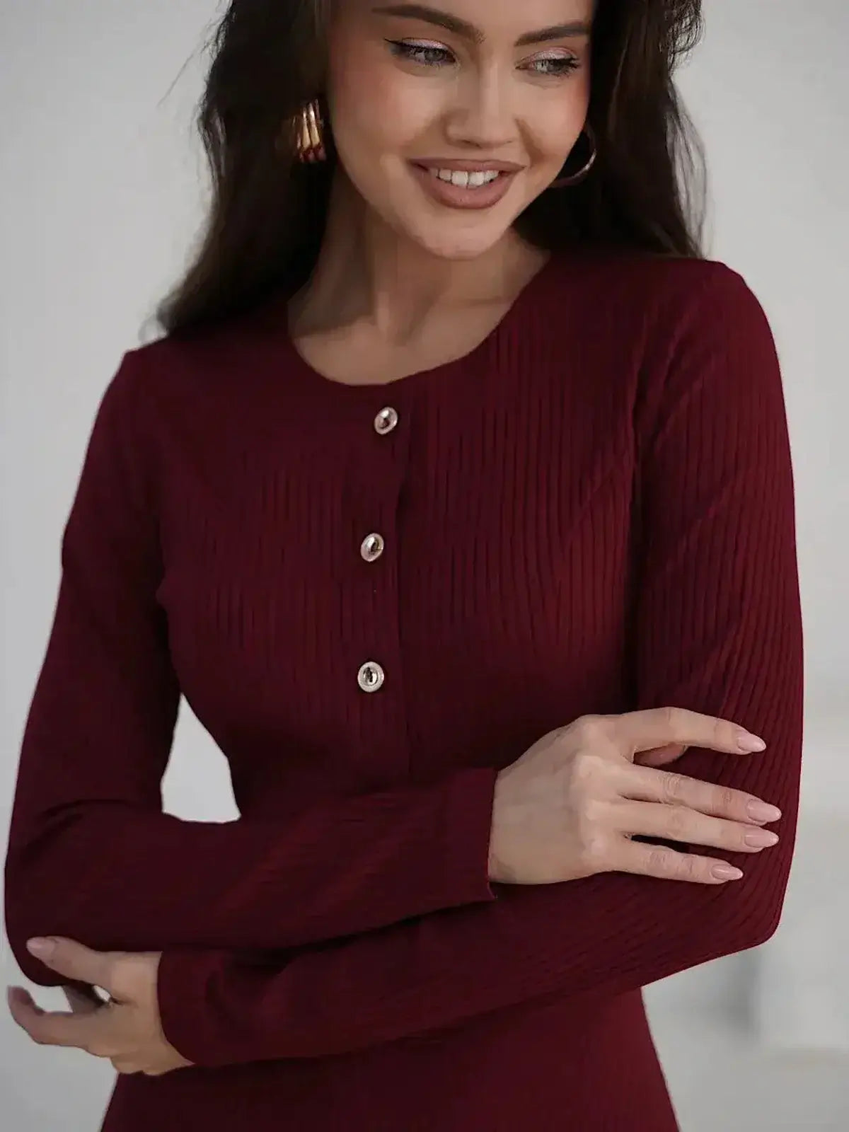 Crimson Grace Midi Dress by Lauven featuring a ribbed texture and gold button detail for refined elegance.