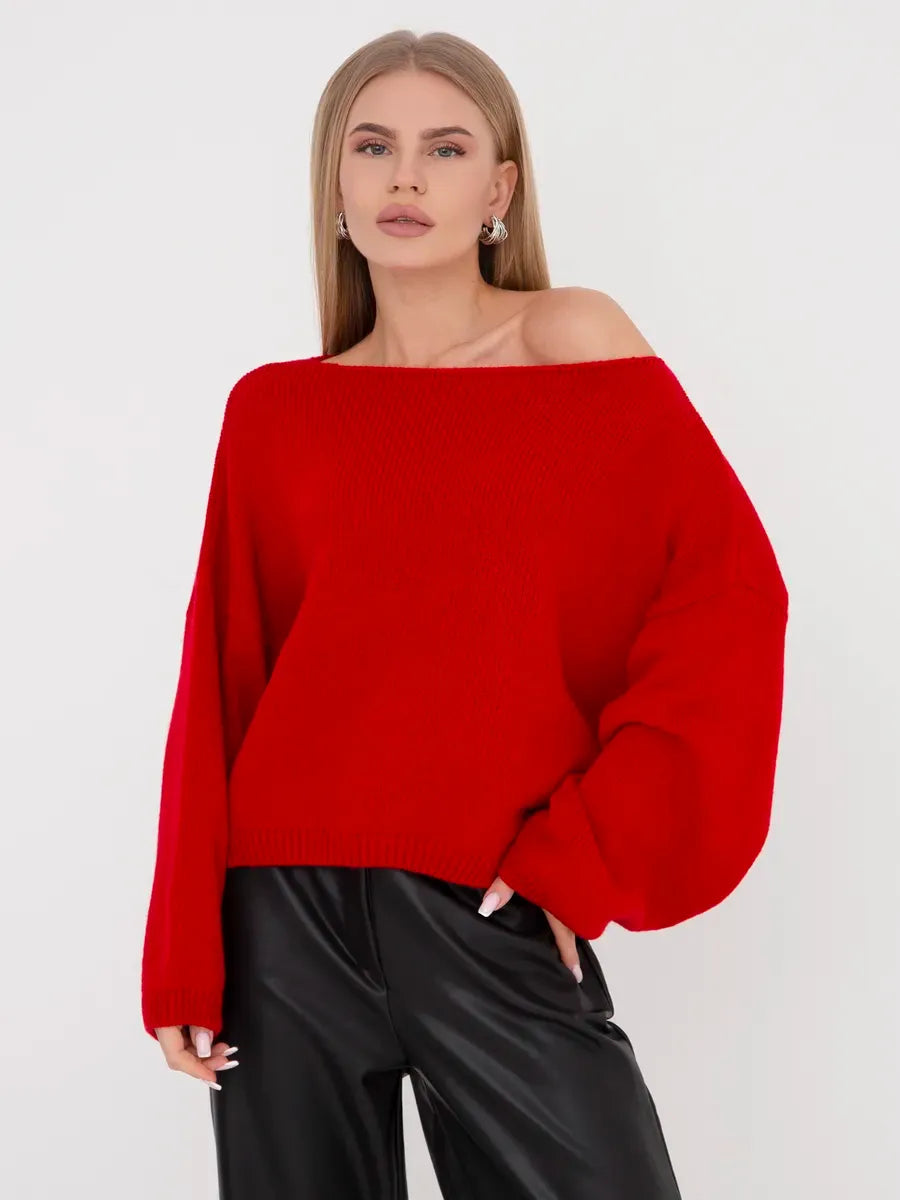 Crimson Sweater by Lauven - Oversized women’s knit sweater with boat neck in rich crimson shade, perfect for fall.