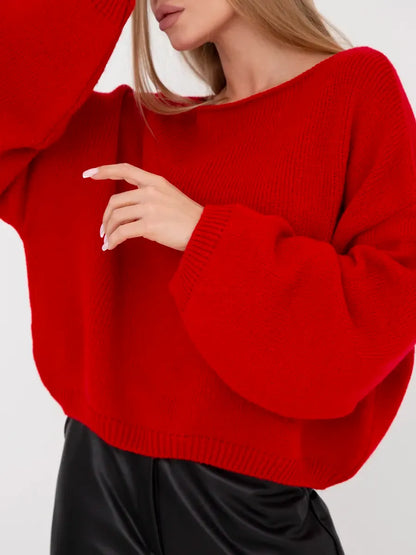 Crimson Sweater by Lauven, oversized women's knit sweater with boat neck in rich crimson shade.