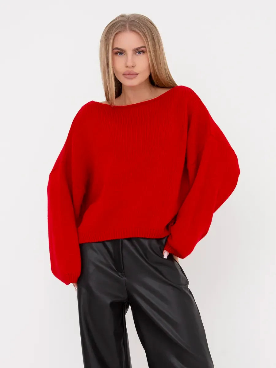Crimson Sweater by Lauven – Oversized knit sweater with boat neck for women in a vibrant red shade.