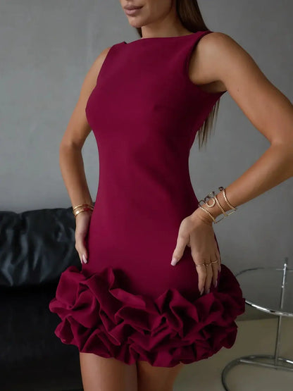 Burgundy bodycon mini dress with ruffled hem, perfect for evening events, weddings, and summer parties.