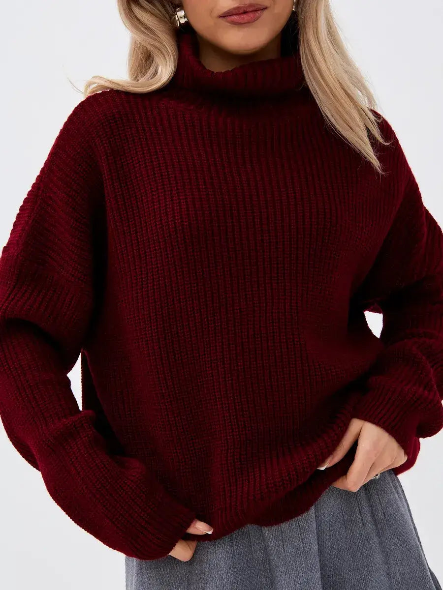 Crimson Pullover by Lauven - Oversized burgundy knit sweater with high neck, showcasing cozy luxury and contemporary style.