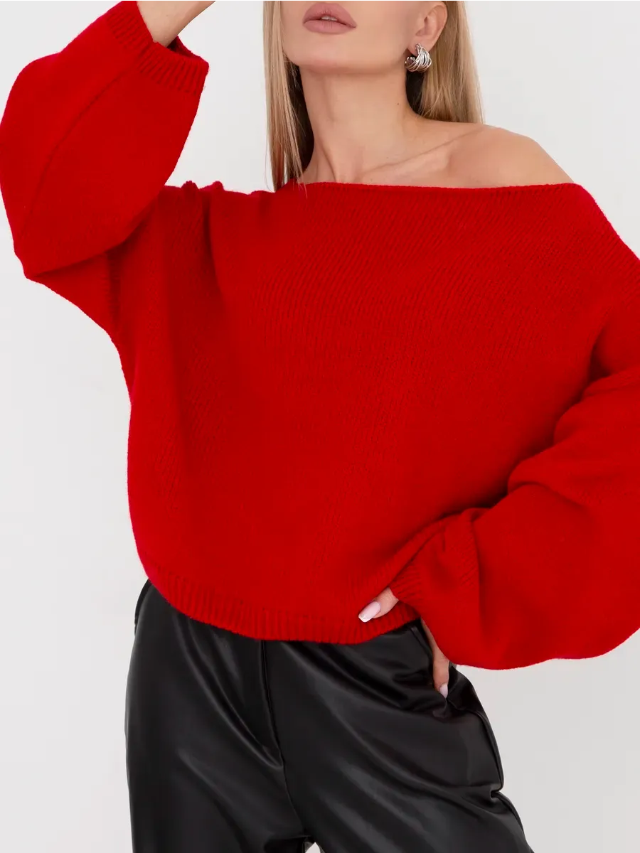 Crimson Sweater by Lauven - Oversized women's knit sweater with boat neck in vibrant red.